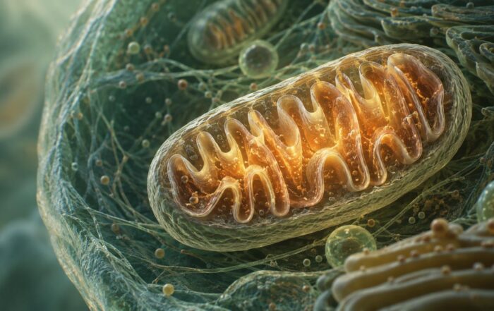 Detailed illustration of a mitochondrion producing energy inside a human cell