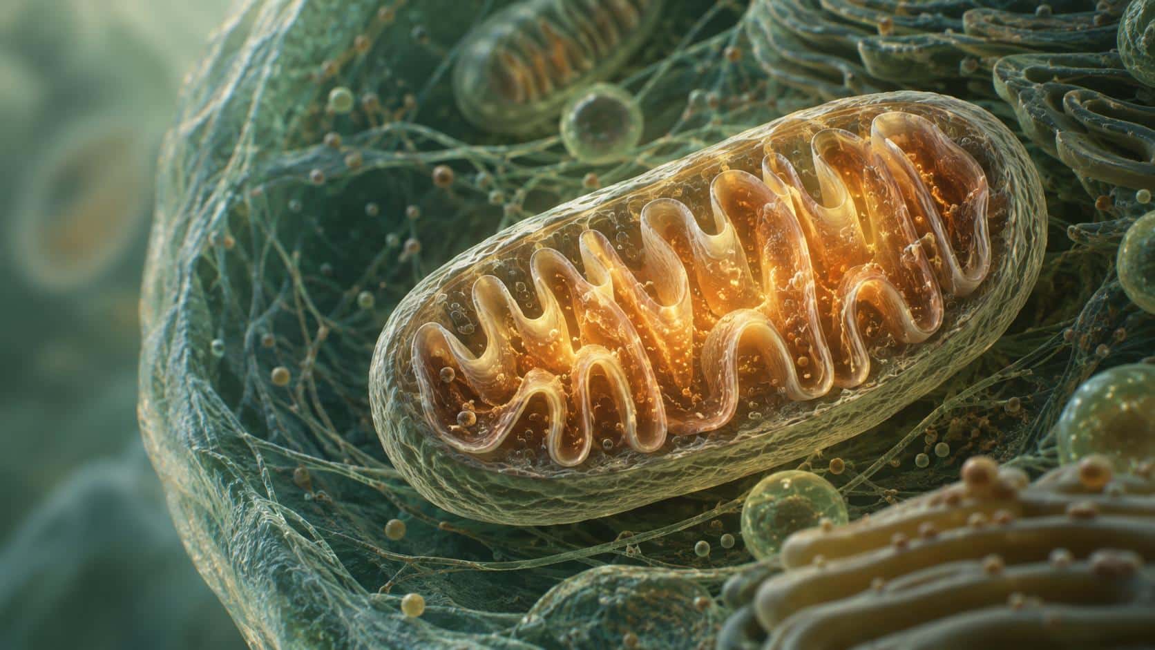 Detailed illustration of a mitochondrion producing energy inside a human cell