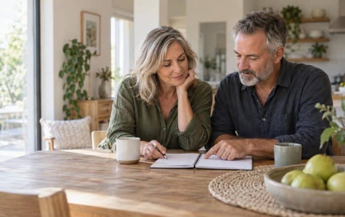Mature woman and man reviewing health information together at home.