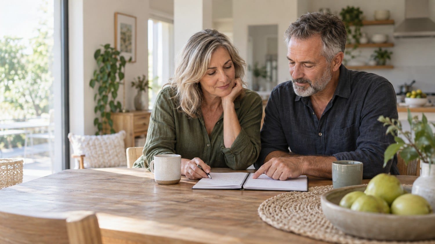Mature woman and man reviewing health information together at home.