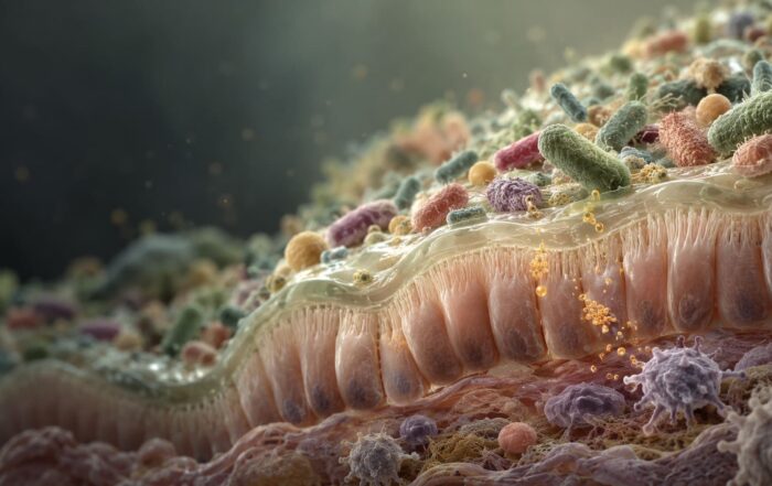 Scientific visualisation of diverse gut bacteria above the intestinal barrier with subtle immune signalling below.