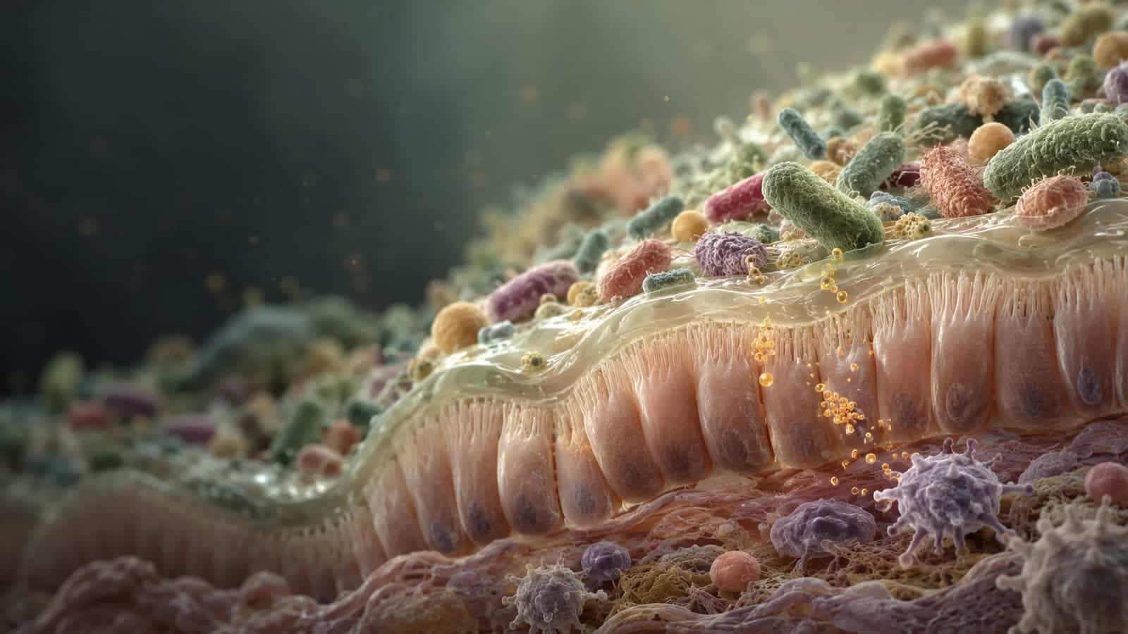 Scientific visualisation of diverse gut bacteria above the intestinal barrier with subtle immune signalling below.