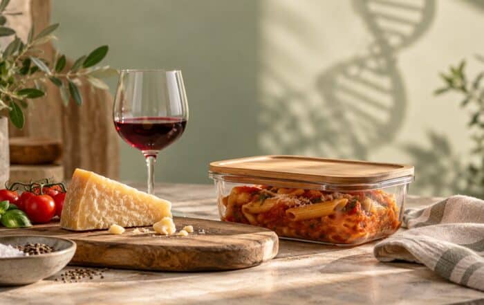 Red wine, aged cheese and leftover pasta on a kitchen table with a subtle DNA helix shadow in the background.