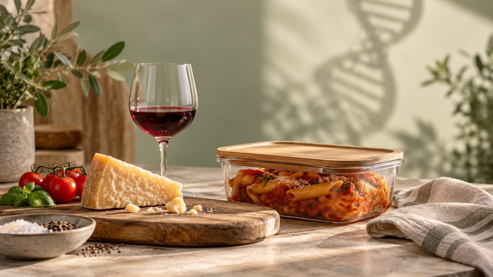 Red wine, aged cheese and leftover pasta on a kitchen table with a subtle DNA helix shadow in the background.
