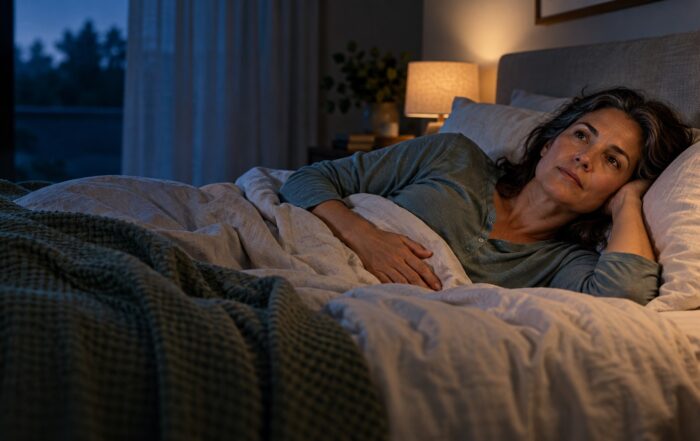 Woman awake in bed at night with one hand resting on her abdomen