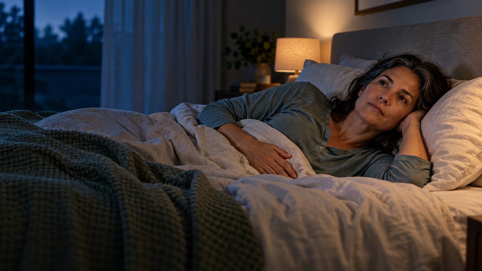 Woman awake in bed at night with one hand resting on her abdomen
