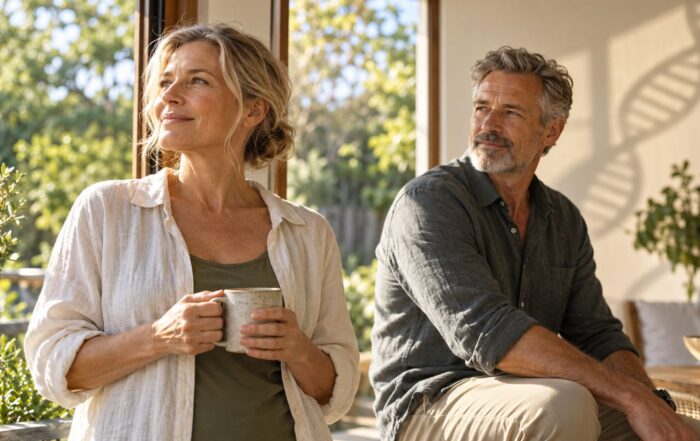 Mature woman and man in the same morning sunlight with a subtle DNA helix shadow, representing genetic differences in vitamin D processing.