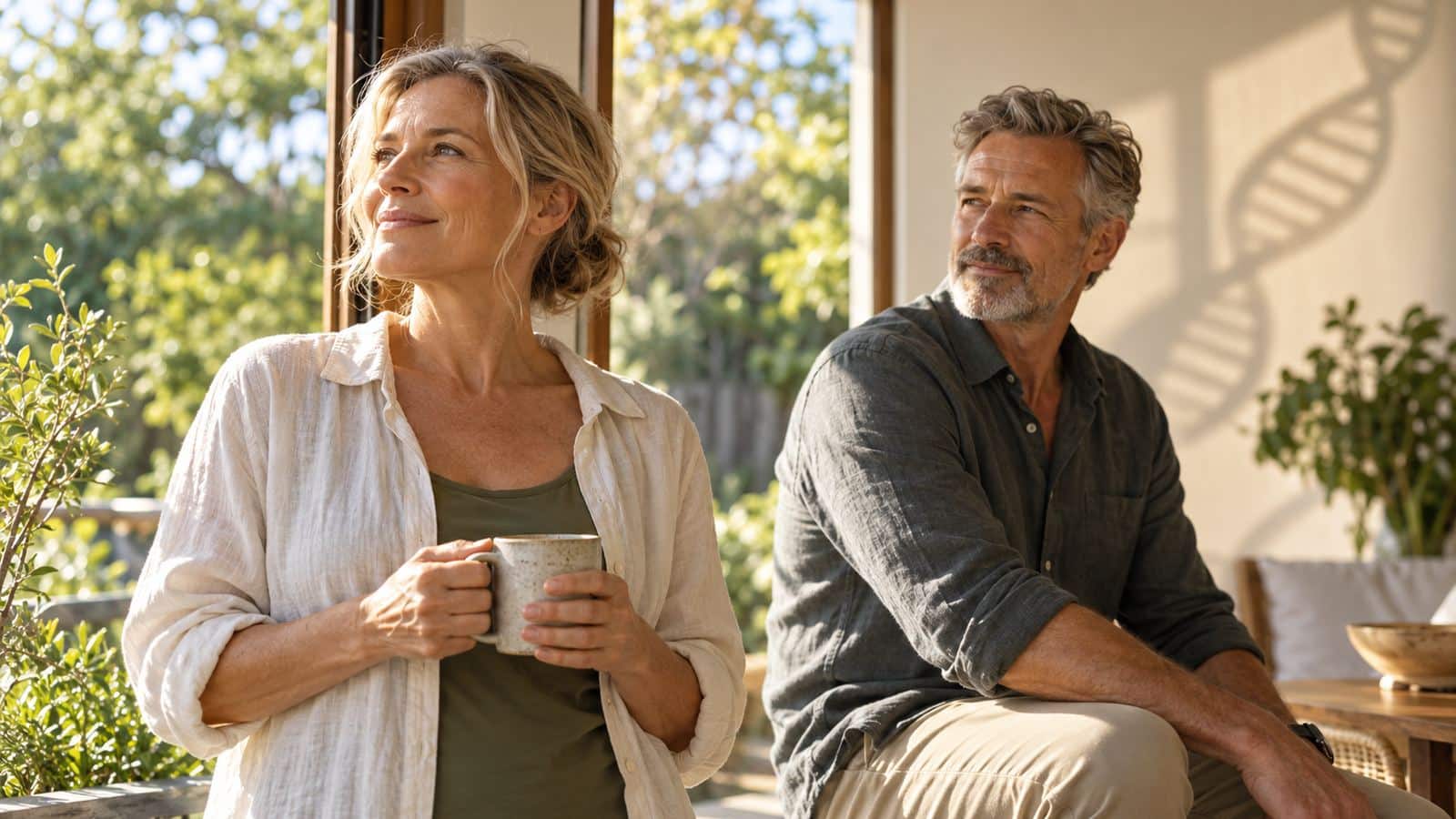 Mature woman and man in the same morning sunlight with a subtle DNA helix shadow, representing genetic differences in vitamin D processing.